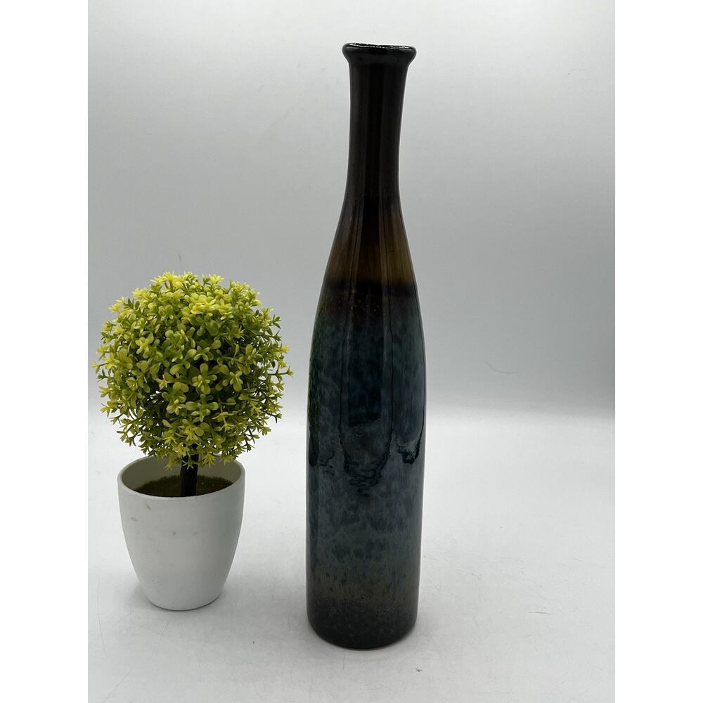 Vintage Drip Glaze Ceramic Bottle Vase Blue Brown Tall Slim 13" Art Pottery
